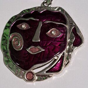 Earing and necklace set abstract purple and silver face huge pendant